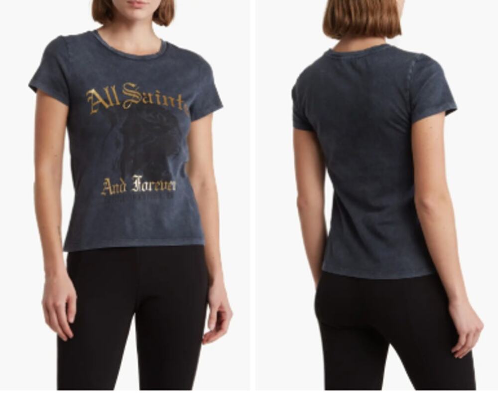 AllSaints Forever Tiger Bela Graphic Tee Faded Gray Gold Distressed Womens Lg